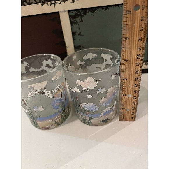Beautiful pair Partylite Candle Holders Morning Tide Frosted Birds Sunset Beach - Picture 7 of 8